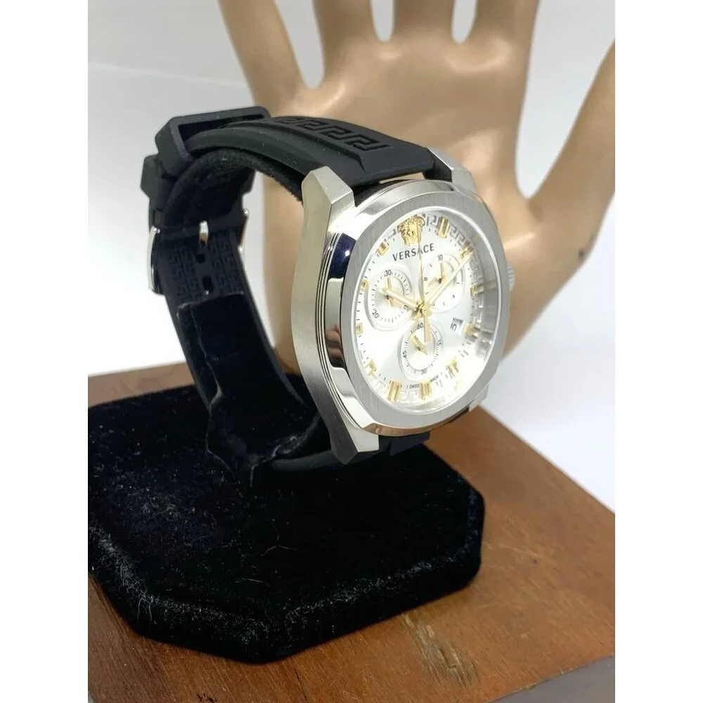 Versace Men's Watch VE7CA0123 Swiss Quartz Chronograph Silver Black Rubber 43mm